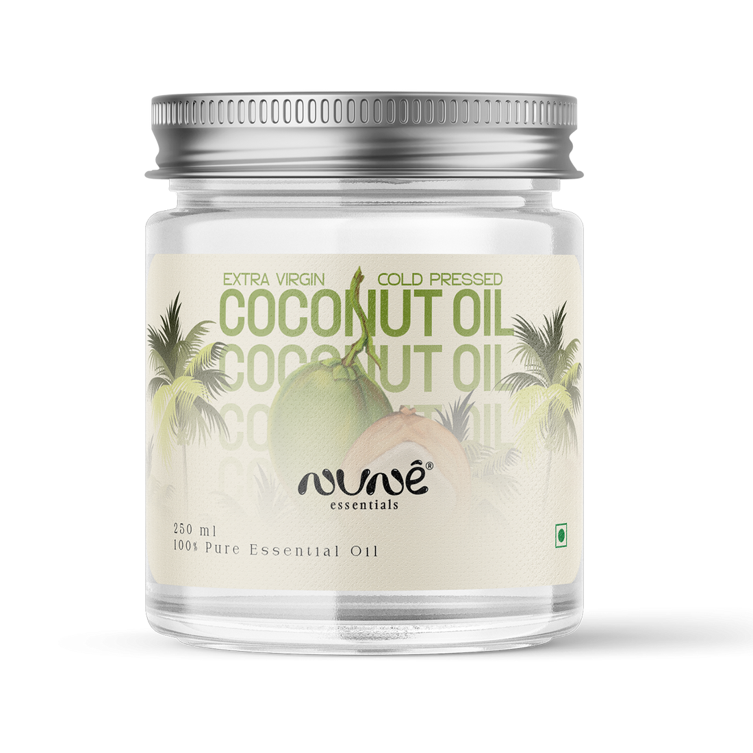 Nune extra virgin cold pressed coconut oil in its glass jar